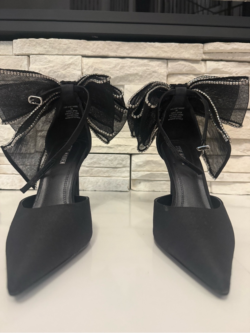 Steve Madden Black Pointed Toe Heels with Rhinestone-Trim Bow Ankle Wrap